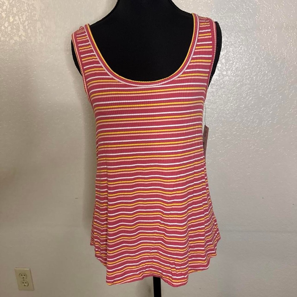 Pink, yellow, and white horizontal striped tank top